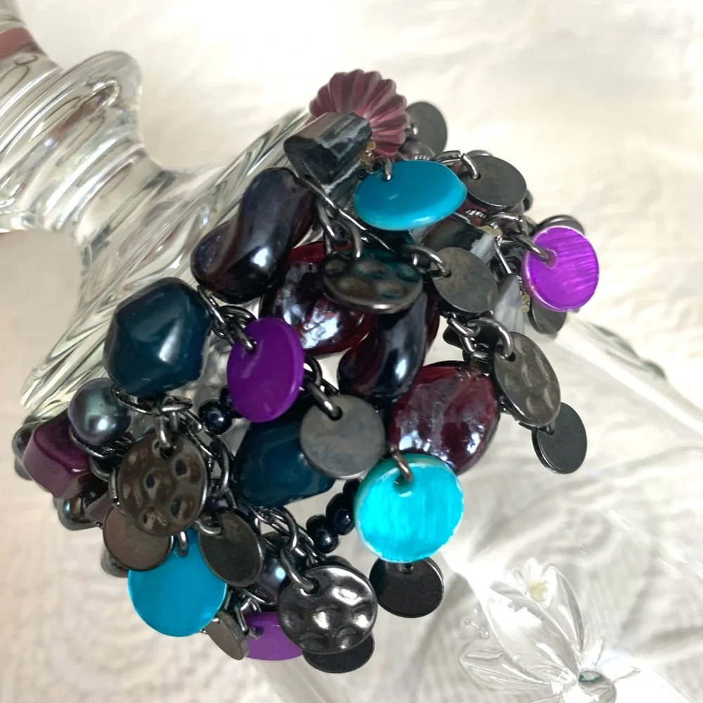 Women’s Hematite Abalone Shell statement bracelet purple aqua Black charm beads